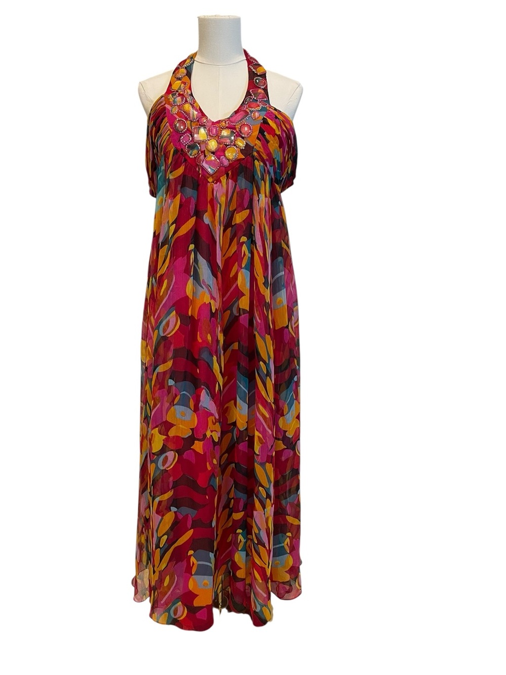 vintage Carlo Giovanni Vibrant Pink Multicolor Halter Maxi Dress 4